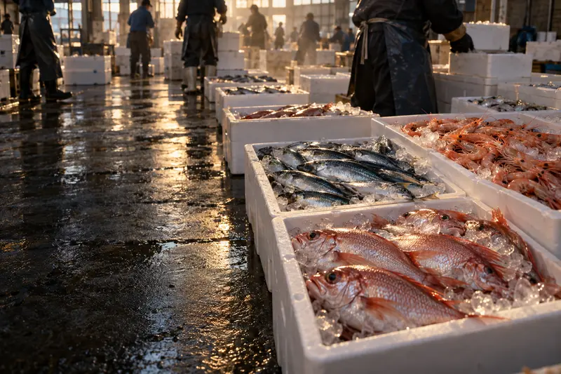 早朝の魚市場。氷を敷いた箱にのどぐろや甘えびが並ぶ