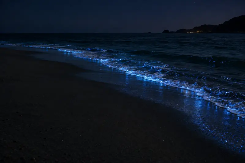 夜の浜辺で、ホタルイカの光で波打ち際が青く光る