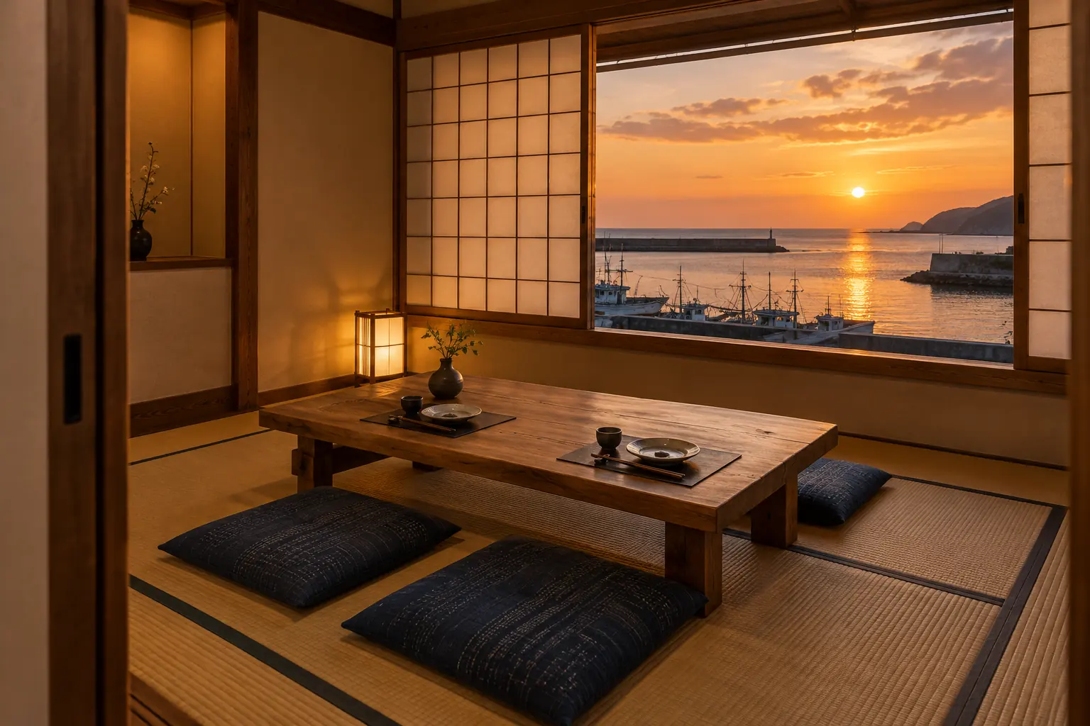 障子の向こうに夕日が見える畳の座敷