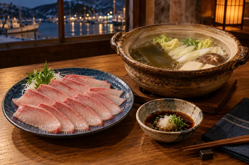 土鍋の昆布だしと、寒ぶりの薄切り