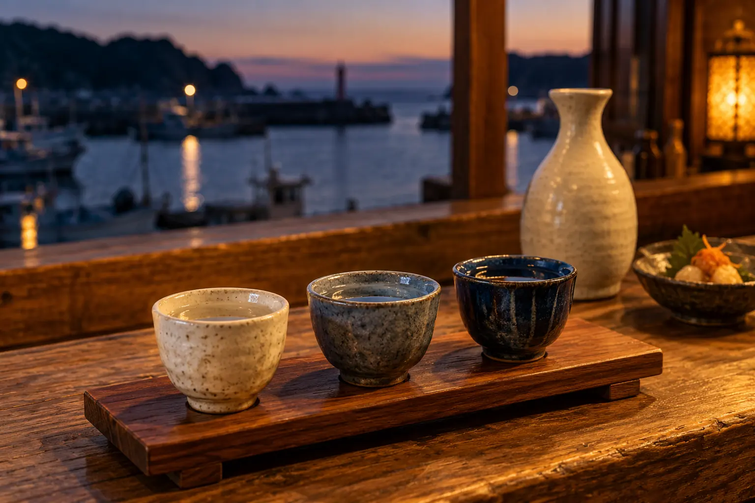 三つの盃に注がれた地酒と、夕暮れの漁港